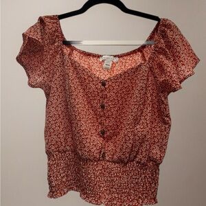 Monteau Los Angeles Rust Floral Smocked Boho Blouse